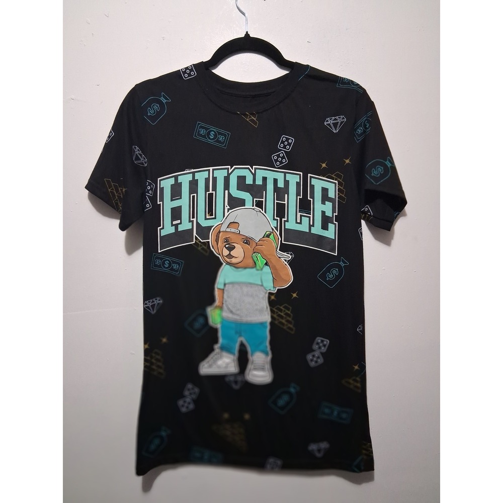 Bailey Apparel Hustle Bear Graphic T-Shirt Black Kids Small All Over Print Cash